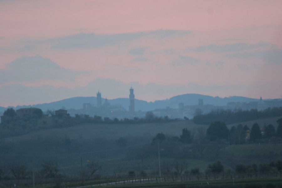 Dai colli di Monteaperti è possibile scorgere in lontananza il profilo di Siena, con la torre del Mangia (a destra) e il duomo (a sinistra).
